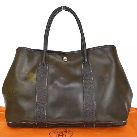 HERMES Logo Garden Party PM Hand Tote Bag Amazonia Leather Brown France 84YD831 - Picture 1 of 14